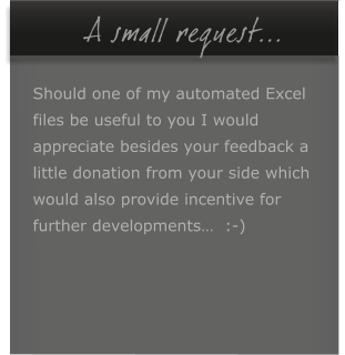 A small request...  Should one of my automated Excel  files be useful to you I would  appreciate besides your feedback a  little donation from your side which  would also provide incentive for  further developments�  :-)