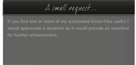 �A small request...  If you find one or more of my automated Excel-Files useful I  would appreciate a donation as it would provide an incentive  for further enhancement.